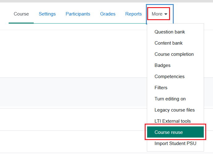 Select More > Course reuse